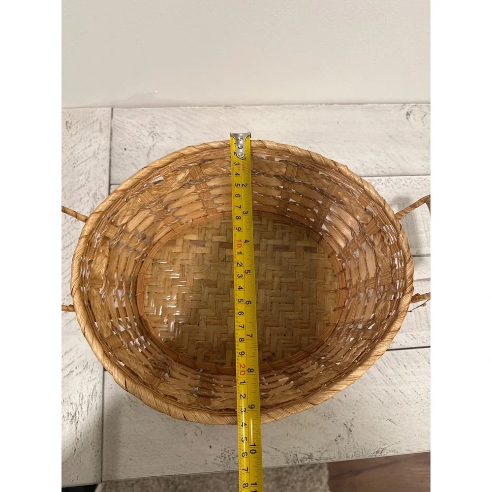 Vintage Oval Wicker Basket with Wood Handles Natural Woven Bread Fruit Tray
